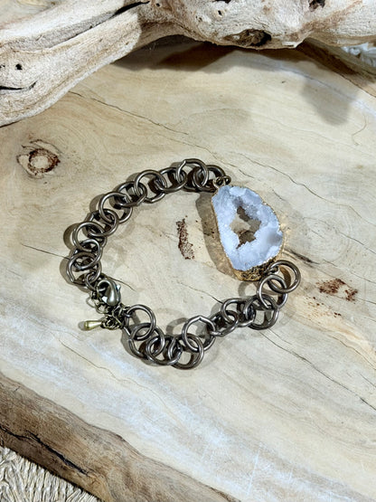 White Druzy Agate + Antique Brass Bracelet