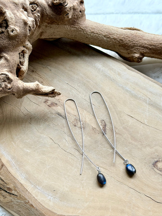 Black Labradorite + Silver Twister Threader Earrings