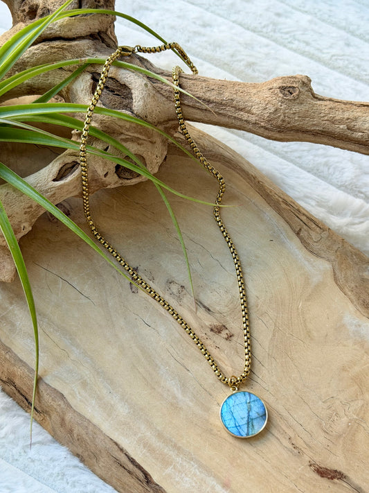 Labradorite + Gold Circle Pendant Necklace