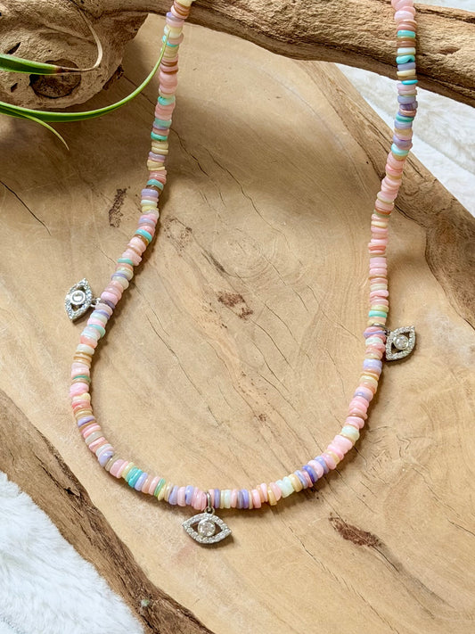 Wildflower Shell + Silver Evil Eye Trio Necklace