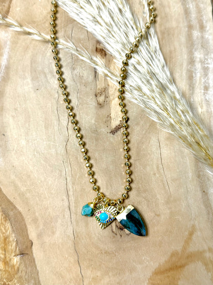 Hypersthene + Turquoise Gold Charm Necklace