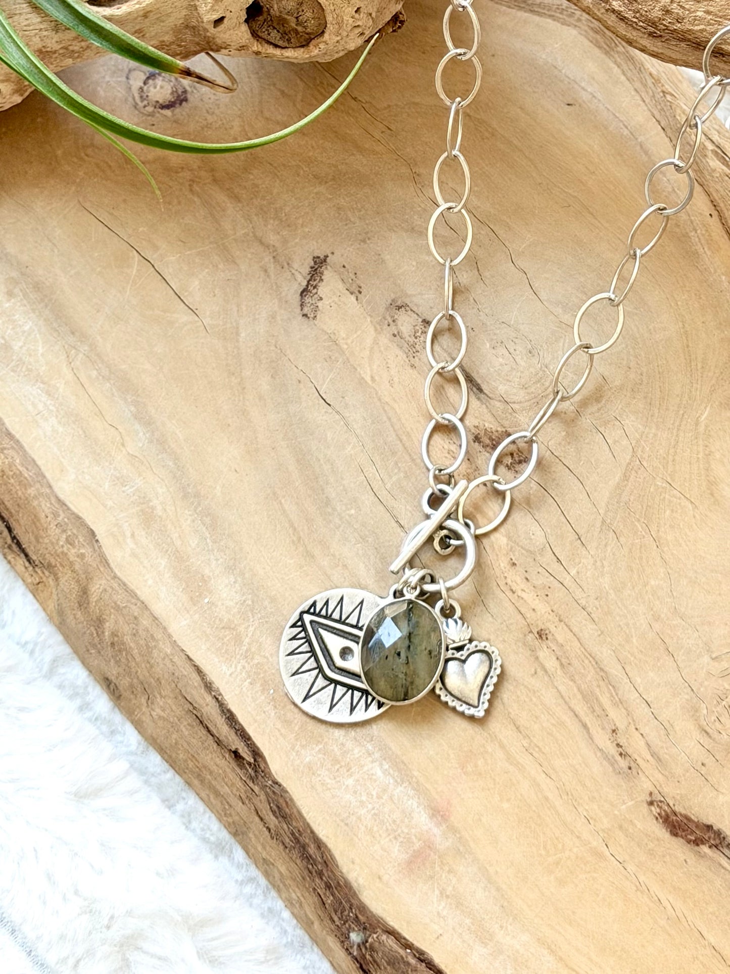 Labradorite + Antique Silver Evil Eye Toggle Necklace