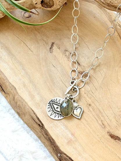 Labradorite + Antique Silver Evil Eye Toggle Necklace