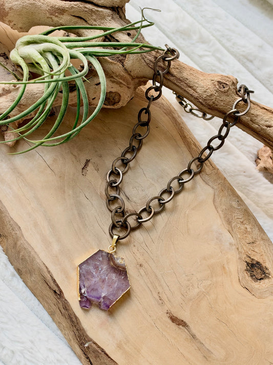 Amethyst Slice + Antique Brass Necklace