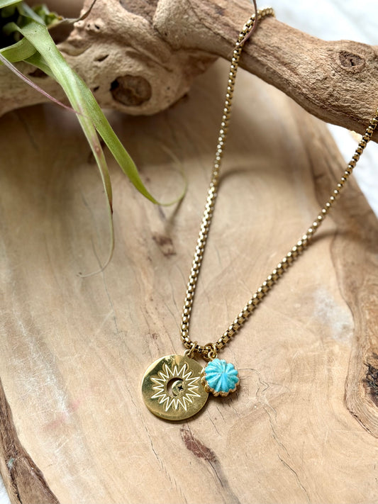 Turquoise + Gold Moon and Star Pendant Necklace