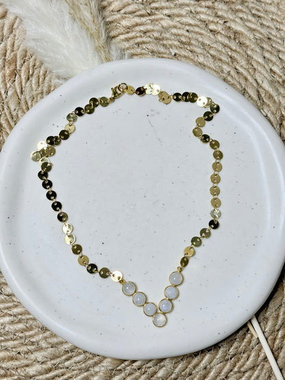 Rainbow Moonstone + Gold V-Shaped Sequin Necklace