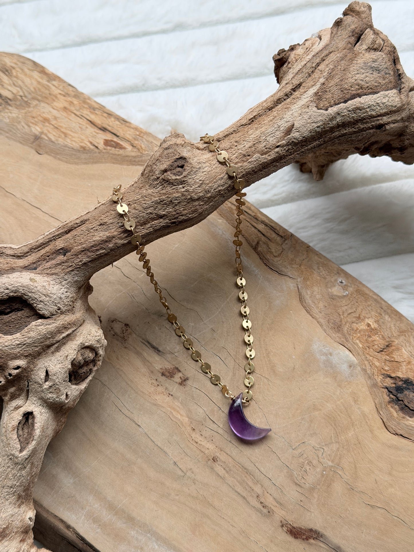 Amethyst + Matte Gold Moon Necklace