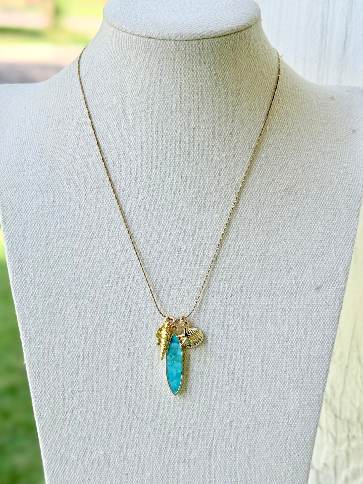 Turquoise + Gold Seashell Charm Necklace