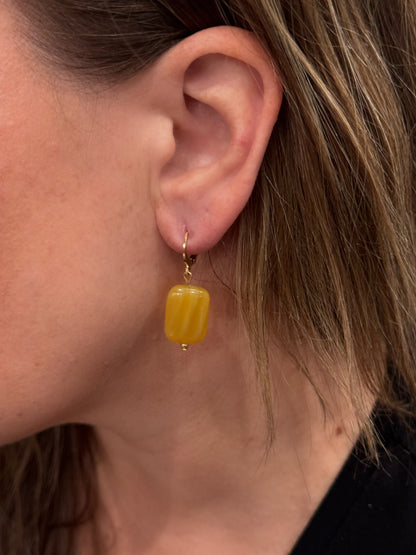 Yellow Botswana Agate + Gold Huggies Earrings