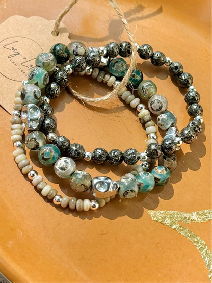 Green + Gray Silver Skully Stack (3-stack)