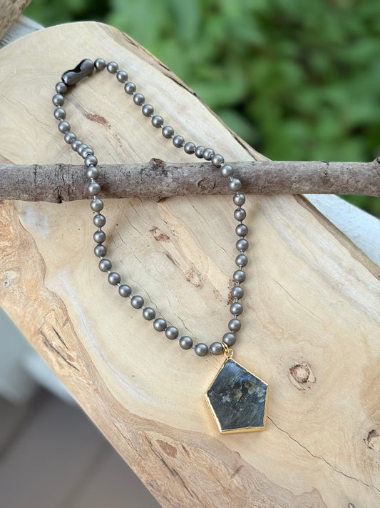 Labradorite + Matte Gunmetal Ball Chain Necklace