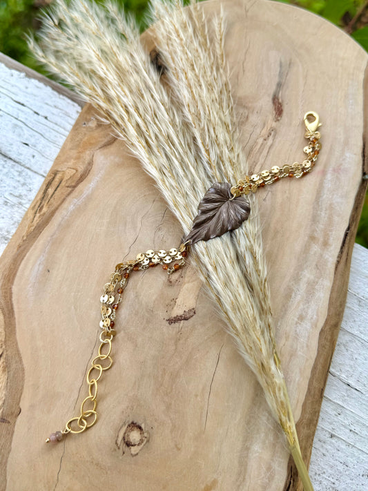 Brown Brass Leaf + Hessonite Garnet Matte Gold Chain Bracelet