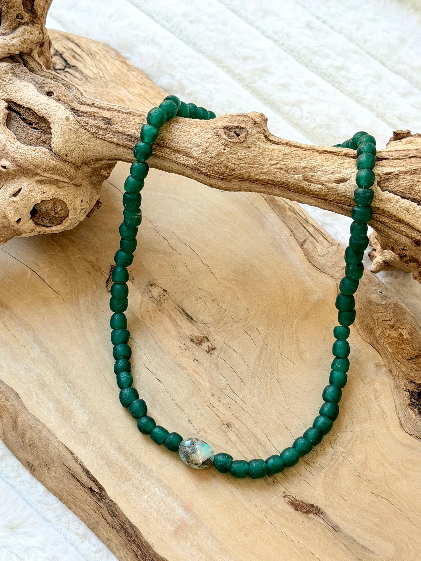 Ethiopian Opal + Green African Glass Gold Chunky Necklace
