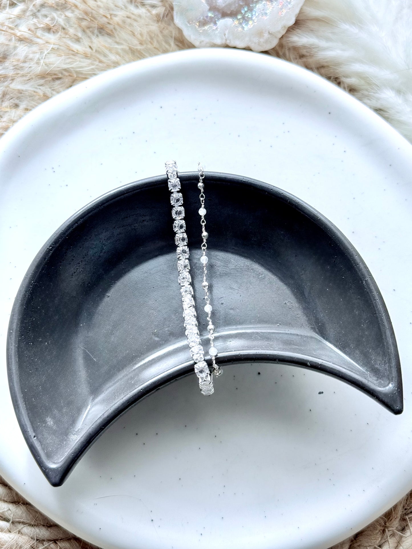 Rainbow Moonstone + Silver Rhinestone Bracelet