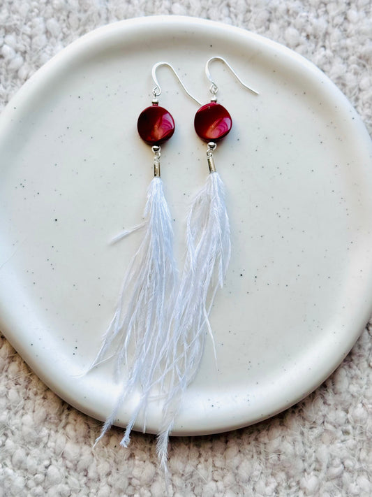 Red Jasper + Silver White Feather Earrings