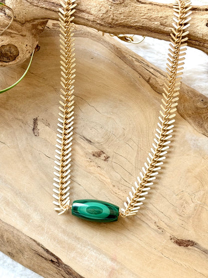 Malachite + Matte Gold Fishbone Necklace