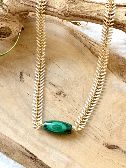 Malachite + Matte Gold Fishbone Necklace