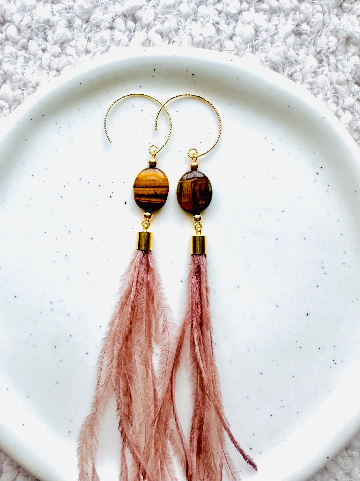 Tiger Eye + Gold Blush/Brown Feather Earrings