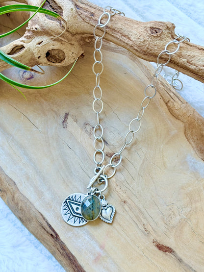 Labradorite + Antique Silver Evil Eye Toggle Necklace