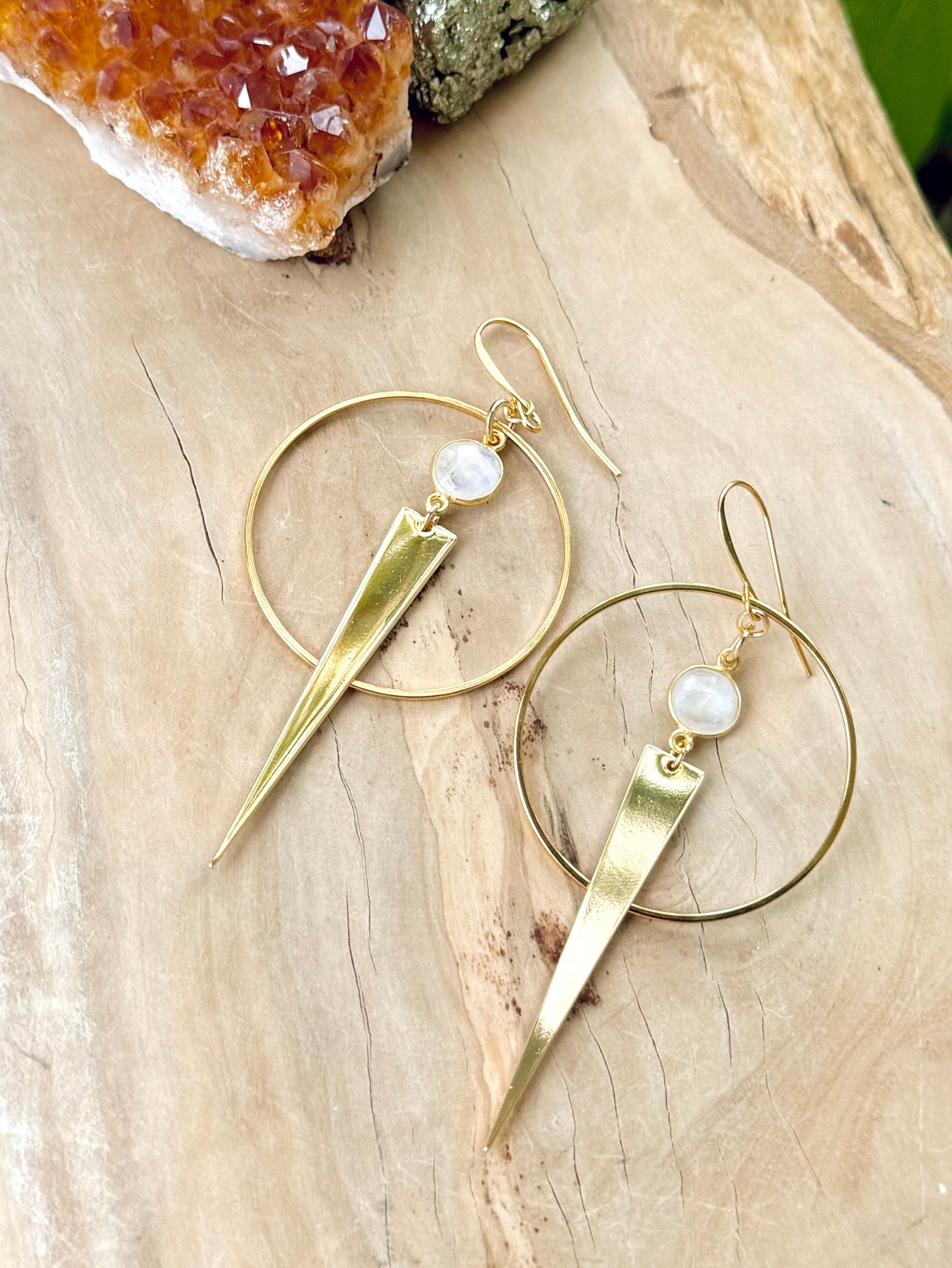 Rainbow Moonstone + Gold Spike Earrings