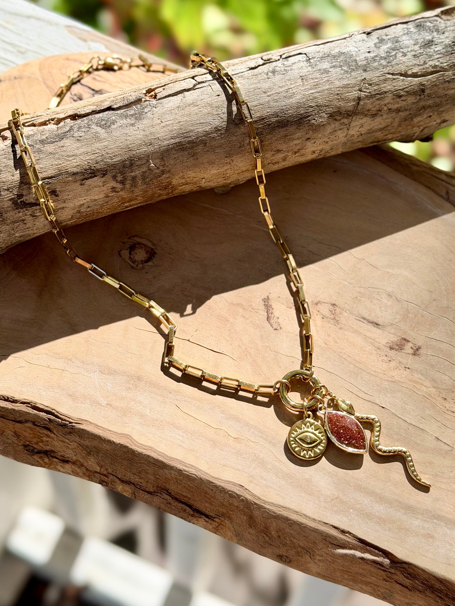 Goldstone + Gold Stainless Steel Carabiner Charm Necklace
