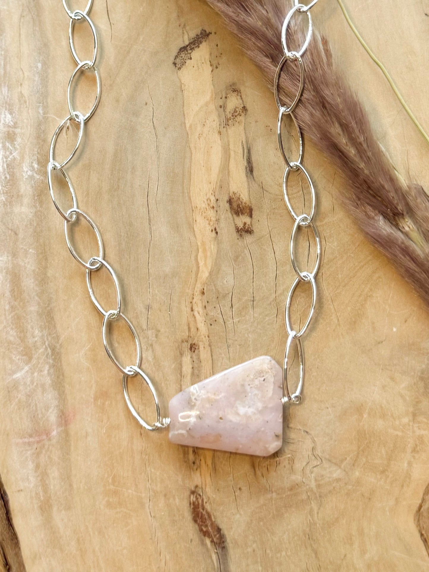 Chunky Pink Opal + Silver Necklace