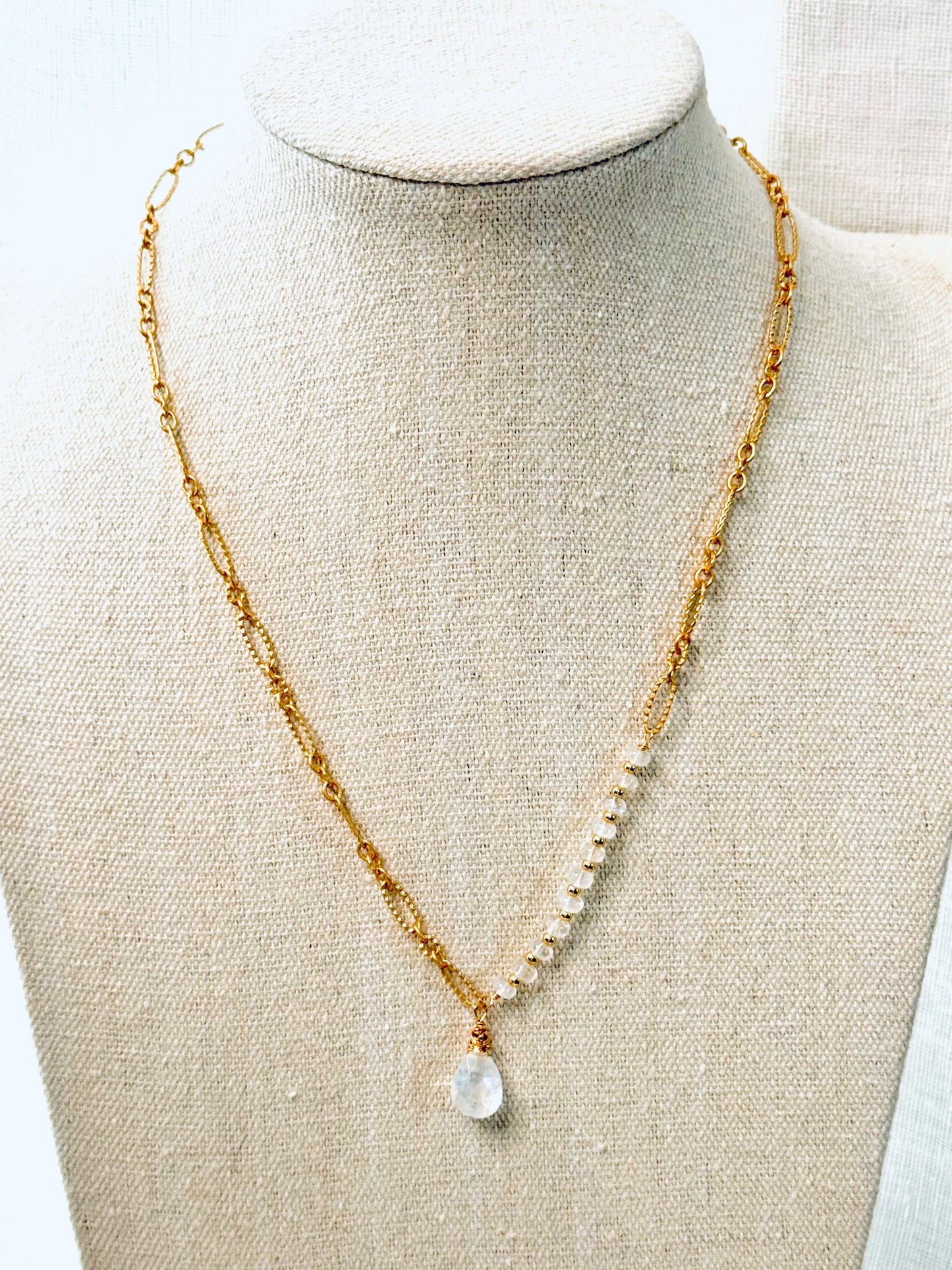 Rainbow Moonstone + Matte Gold Beaded Chain Necklace