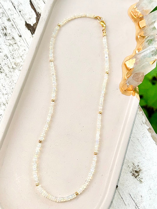 White Ethiopian Opal + Gold Beaded Necklace
