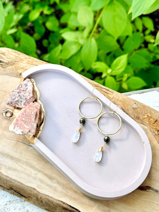 Moonstone + Pyrite Matte Gold Circle Earrings