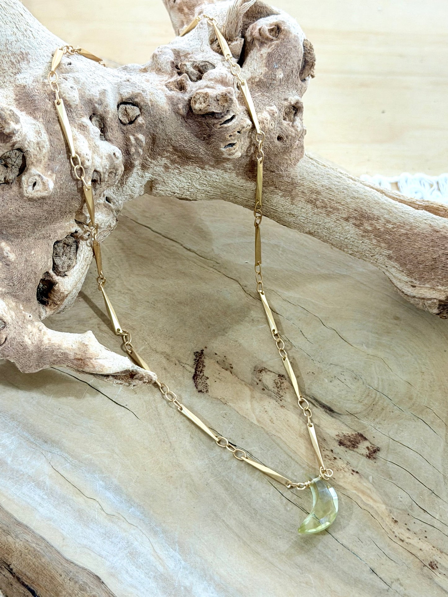 Lemon Quartz + Matte Gold Moon Necklace