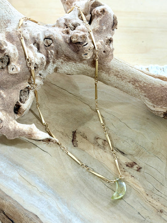 Lemon Quartz + Matte Gold Moon Necklace