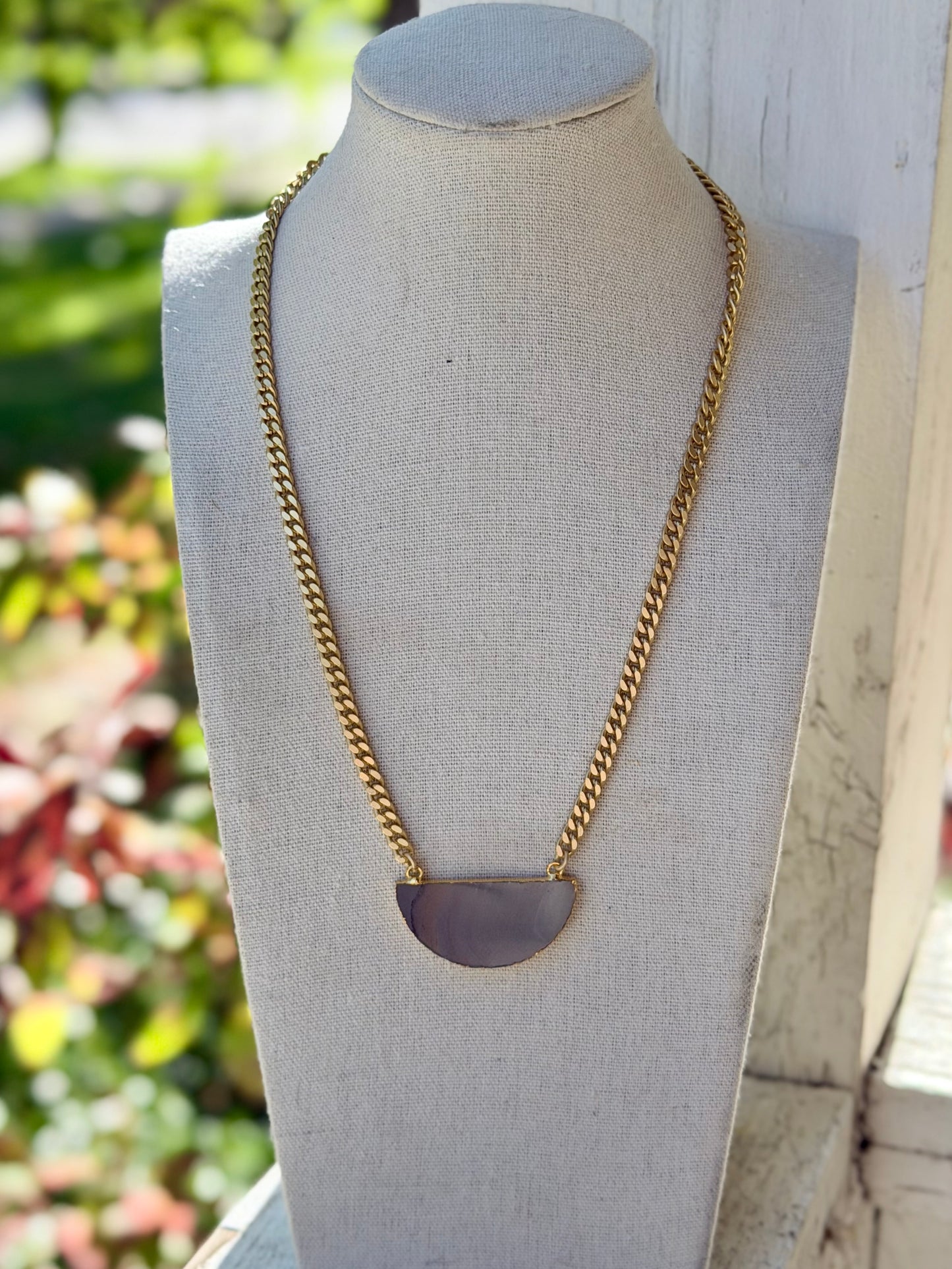 Agate Slice + Matte Gold Half Moon Necklace