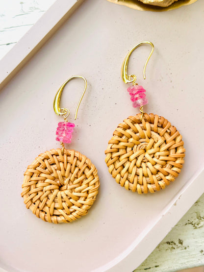Pink Topaz + Gold Mini Rattan Earrings