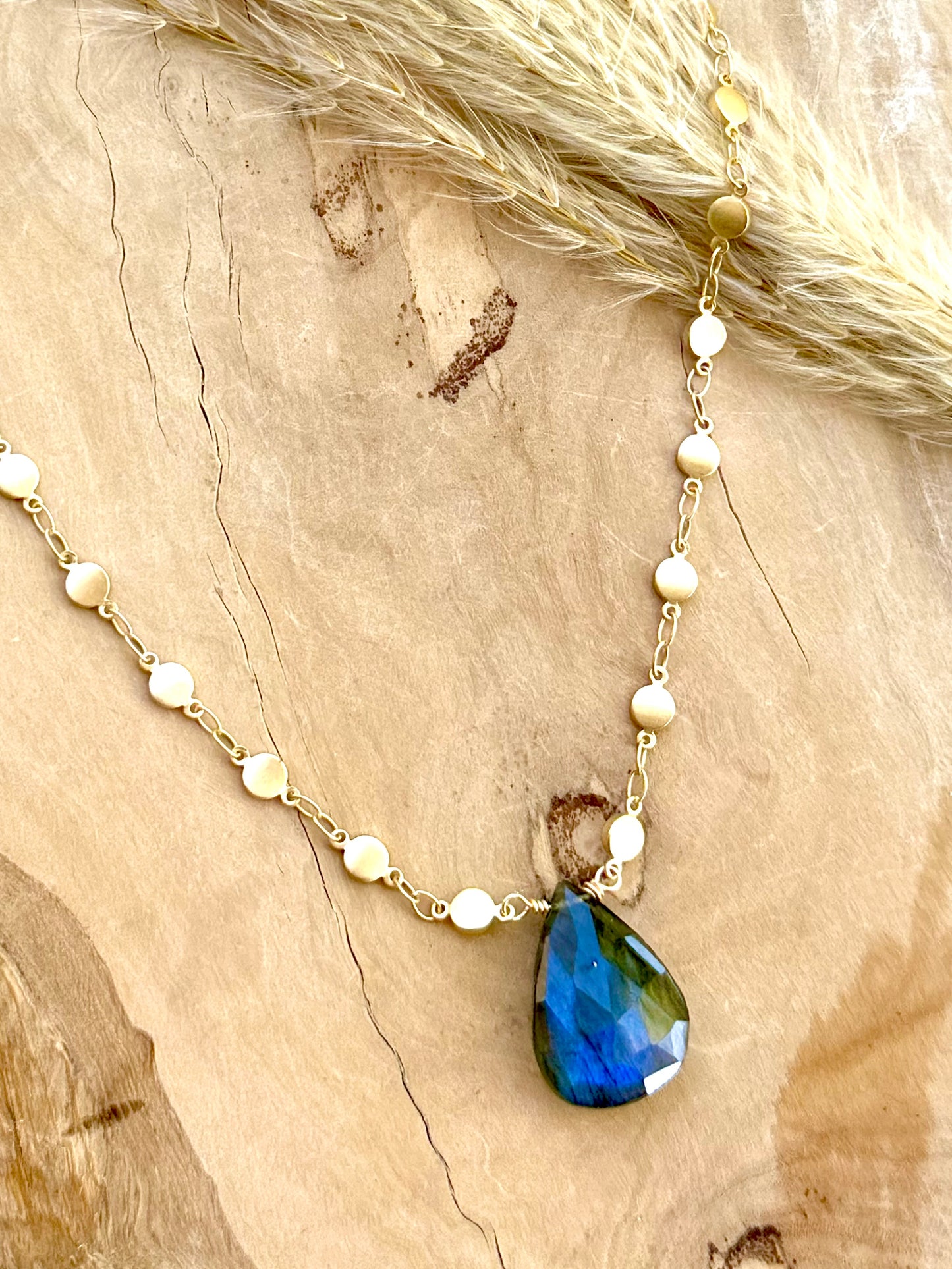 Labradorite Teardrop + Matte Gold Necklace