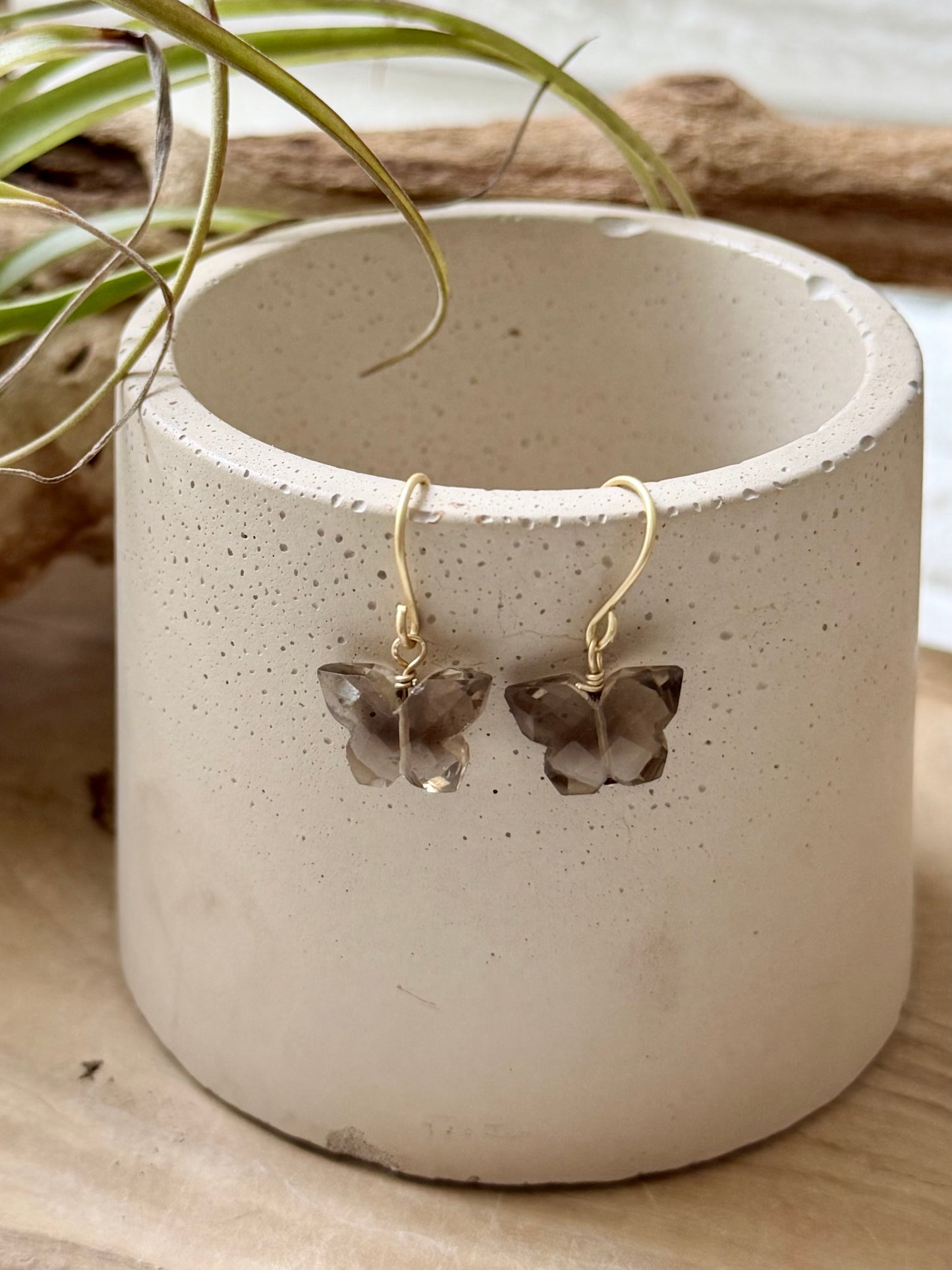 Smoky Quartz + Matte Gold Butterfly Earrings