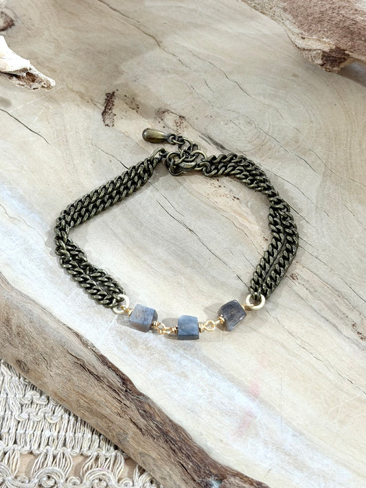 Peach-Gray Moonstone + Antique Brass Bracelet