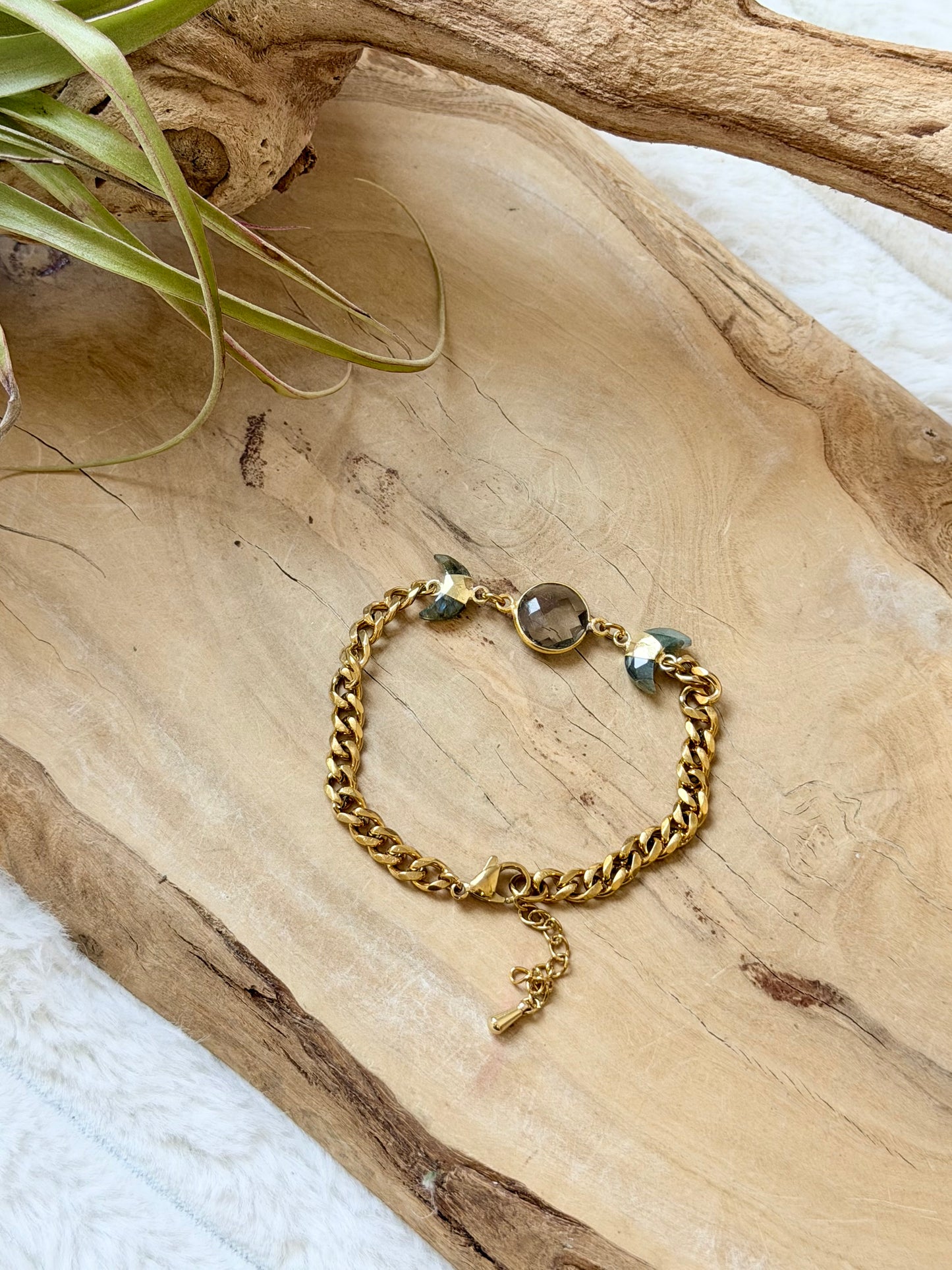 Smoky Quartz + Labradorite Gold Moon Bracelet