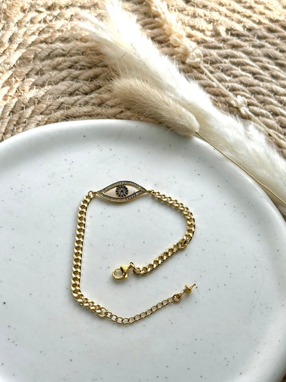 Wavy Evil Eye + Gold Curb Chain Bracelet