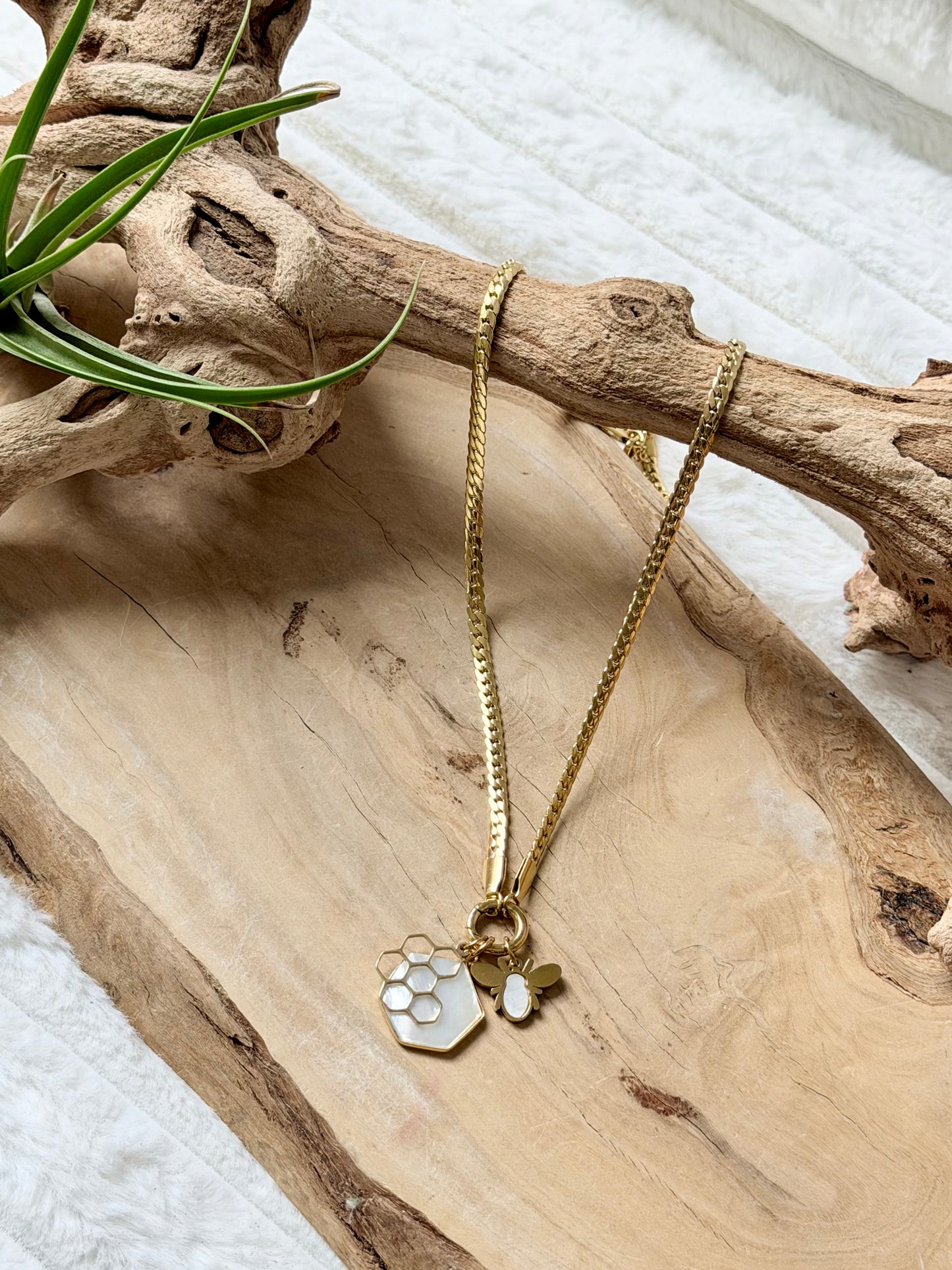 Mother of Pearl + Gold Bee Carabiner Herringbone Necklace