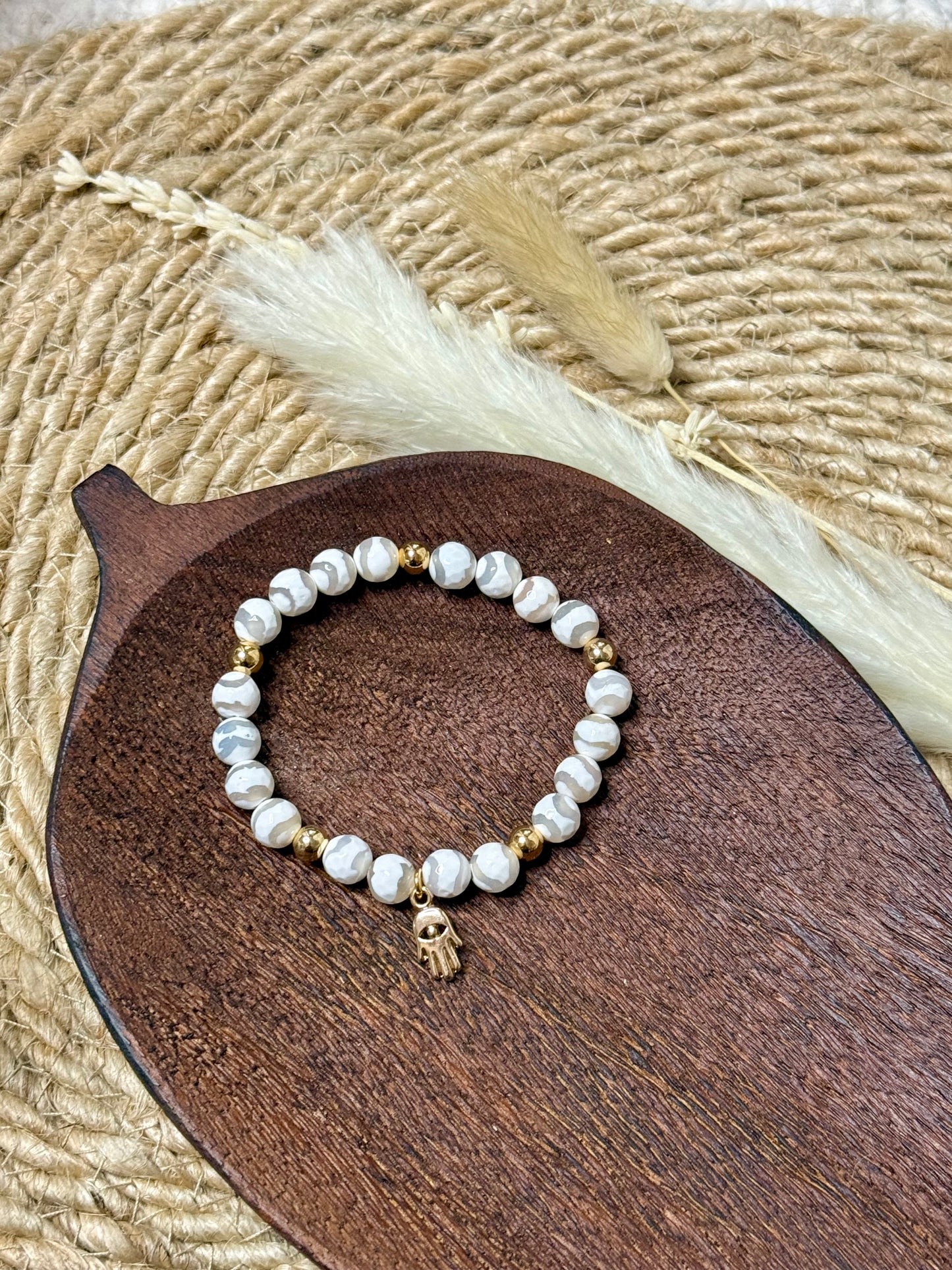 White Wavy Tibetan Agate + Gold Chunky Charm Band