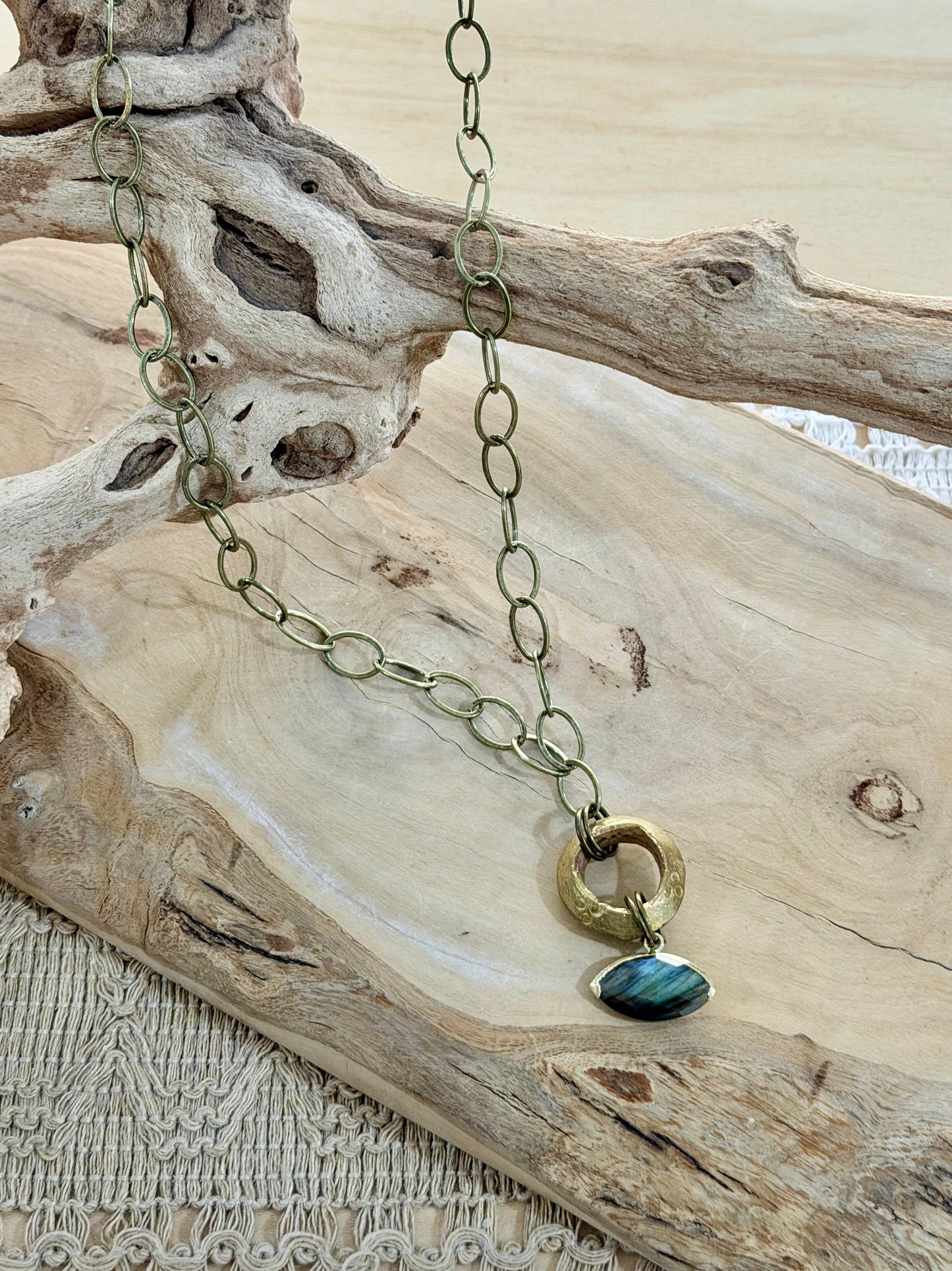 Labradorite Evil Eye + Antique Brass Necklace