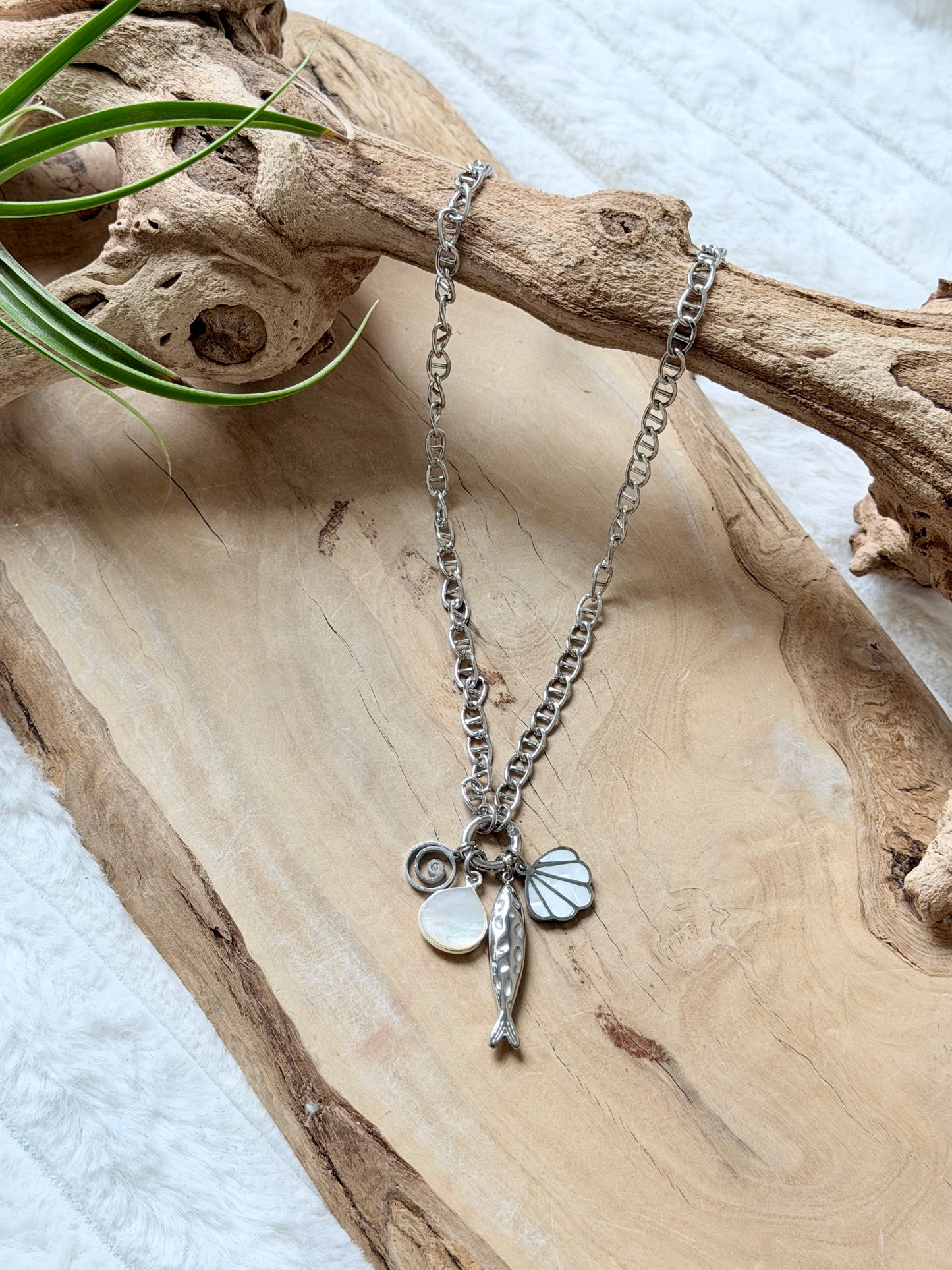 Mother of Pearl + Silver Fish Stainless Carabiner Charm Necklace