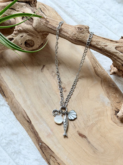 Mother of Pearl + Silver Fish Stainless Carabiner Charm Necklace