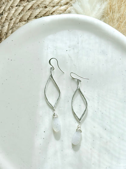 Rainbow Moonstone + Matte Silver Teardrop Earrings