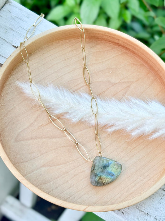 Labradorite Triangle Pendant + Gold Necklace