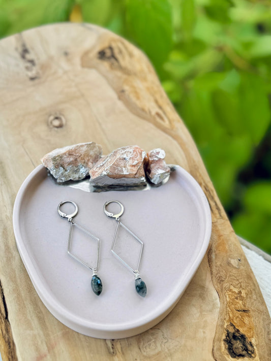 Moss Agate + Silver Diamond Earrings