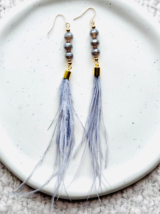 Gray Agate + Gold Gray Feather Earrings