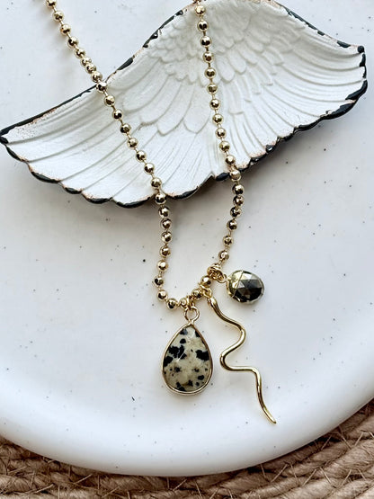 Dalmatian Jasper + Pyrite Gold Snake Necklace