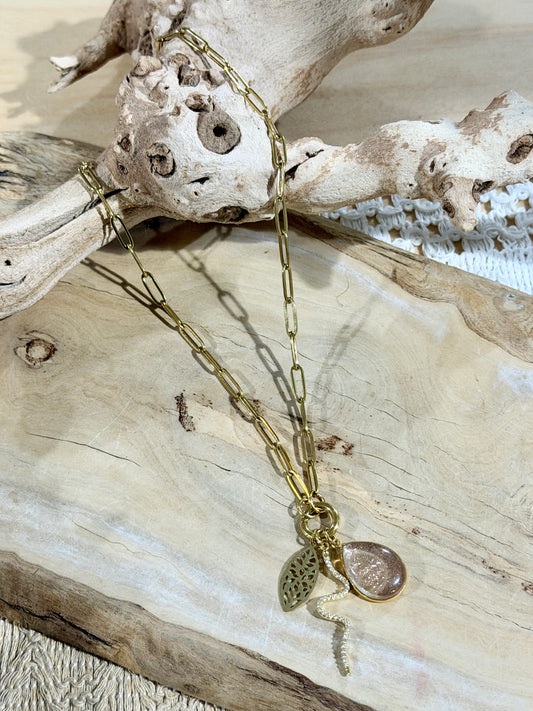 Copper in Quartz + Gold Stainless Steel Necklace