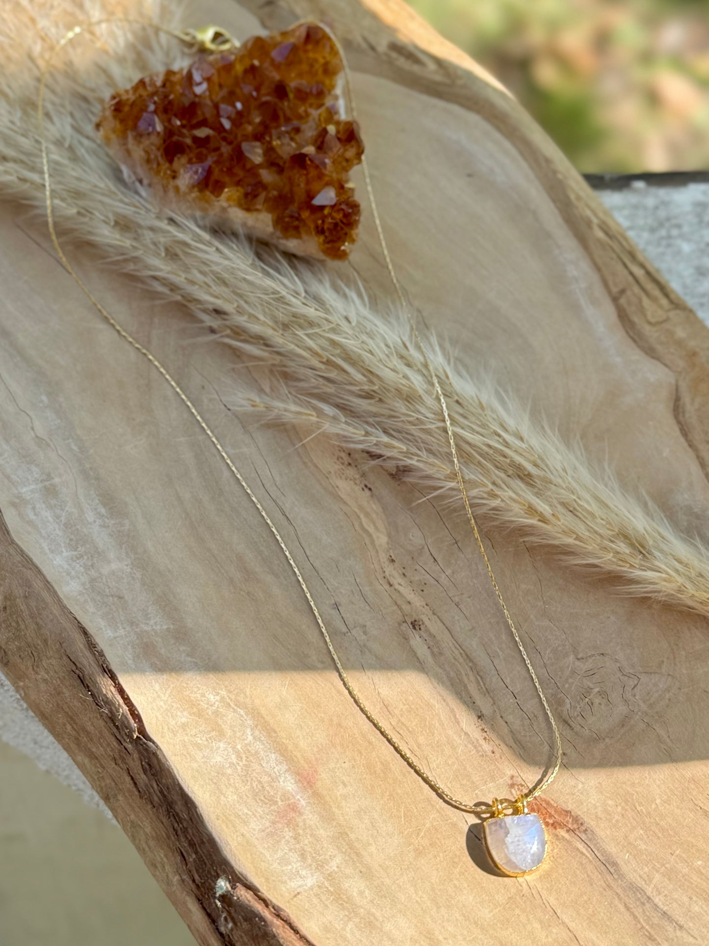 Rainbow Moonstone + Gold Pendant Necklace